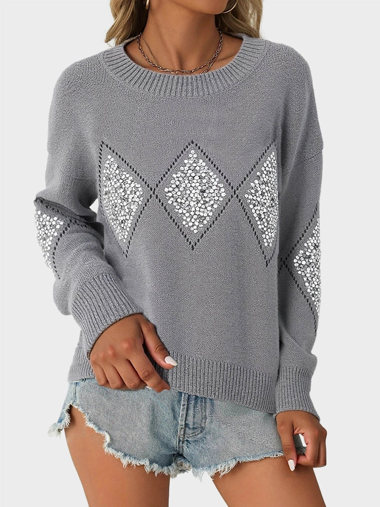 Womens Crew Neck Hollow Out Knit Sweaters Sequin Pullover Tops
