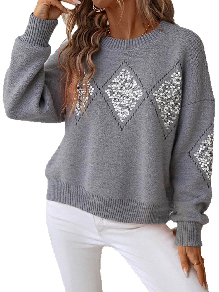 Womens Crew Neck Hollow Out Knit Sweaters Sequin Pullover Tops