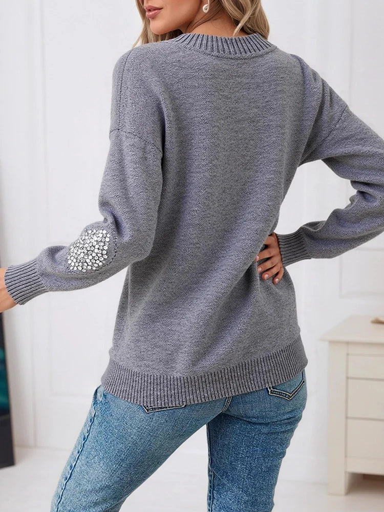 Womens Crew Neck Hollow Out Knit Sweaters Sequin Pullover Tops