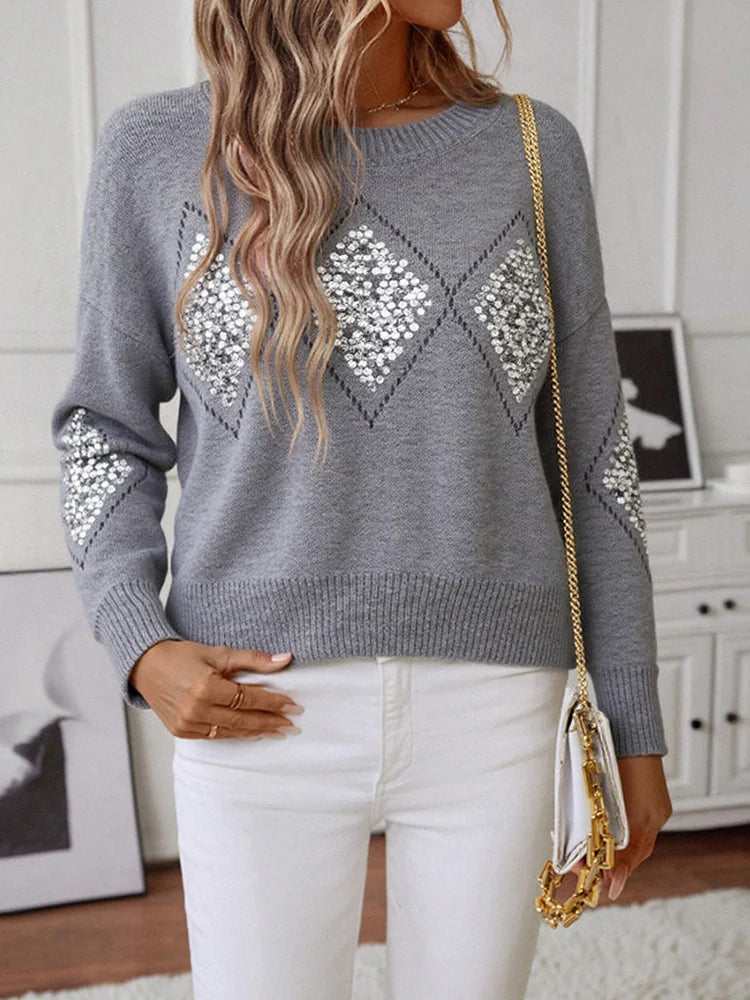 Womens Crew Neck Hollow Out Knit Sweaters Sequin Pullover Tops