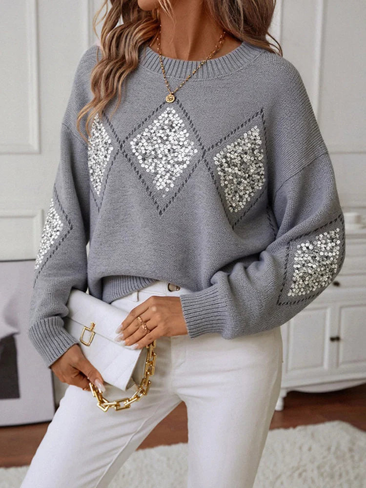 Womens Crew Neck Hollow Out Knit Sweaters Sequin Pullover Tops