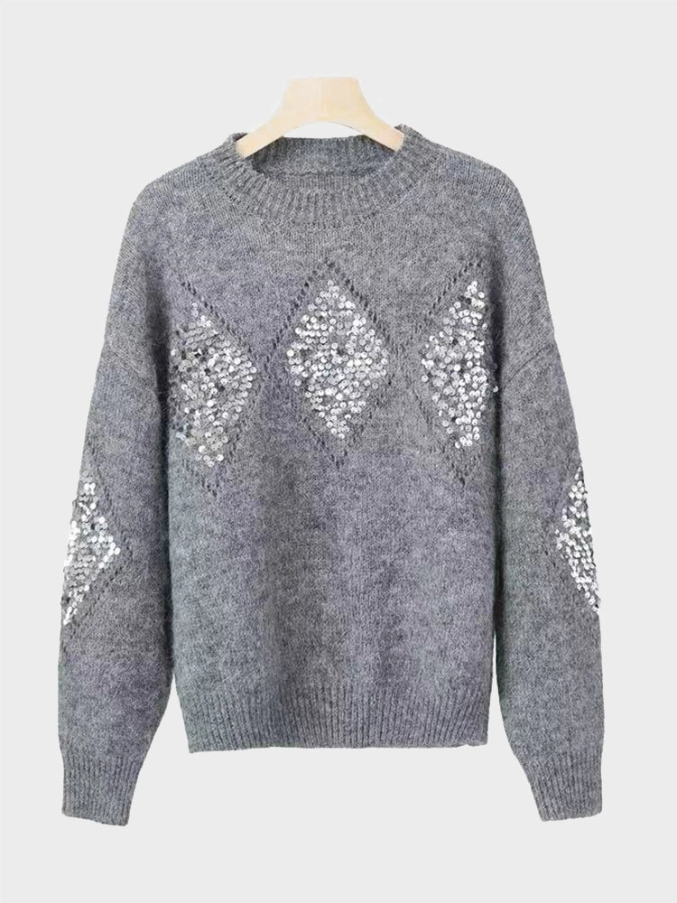 Womens Crew Neck Hollow Out Knit Sweaters Sequin Pullover Tops